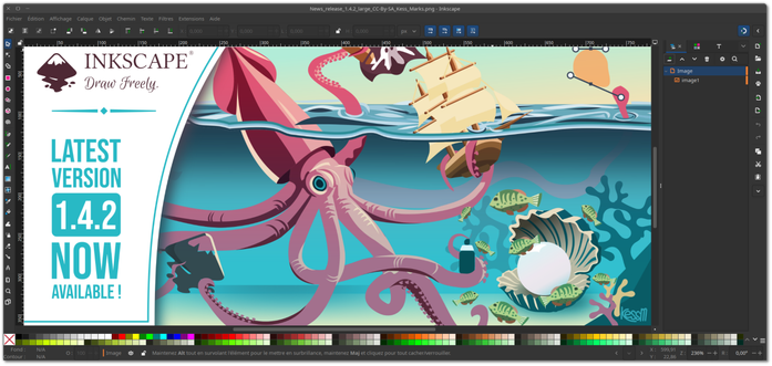 🕶️ A view of its UI (v.1.4.2, on my Linux PC) with a presentation of the version 1.4.2 site, highlighting its graphic capabilities, with a drawing of an octopus capturing a gallion with its tentacle, while with its others it holds the inkscape icon, and 2 drawing tools.

📚️ Inkscape is a libre, multi-platform, mature vector graphics software (similar to Adobe Illustrator, Corel Draw, Freehand or Xara X). It uses open W3C record formats (SVG, XML, CSS) and can import/export in most common vector formats. It offers a rich feature set and uses vector graphics for crisp printing and rendering at unlimited resolution. It has a comprehensive feature set, a simple UI, multilingual support and is designed to be extendable via add-on modules.