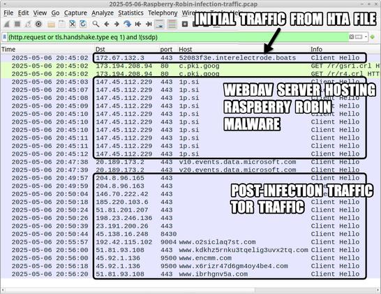Traffic from the Raspberry Robin infection filtered in Wireshark.