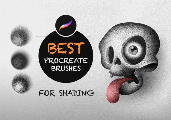 Digital image showing three dot shading brush strokes, text "Best Procreate Brushes for Shading," and a cartoon skull with its tongue sticking out on a textured background.