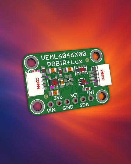 Close-up of a VEML6046X00 RGBIR+Lux sensor breakout board with labeled pins and components on a colorful gradient background.