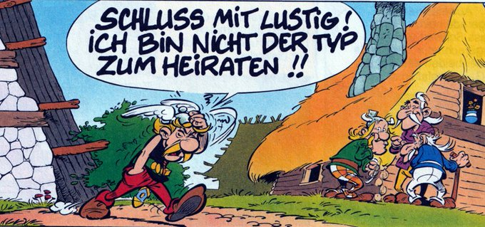 Asterix wurde von seiner Mutter für die Brautschau zurecht gemacht. Weil es ihm genug ist, flüchtet er aus seinem Haus, setzt sich den Helm auf und geht seines Weges.