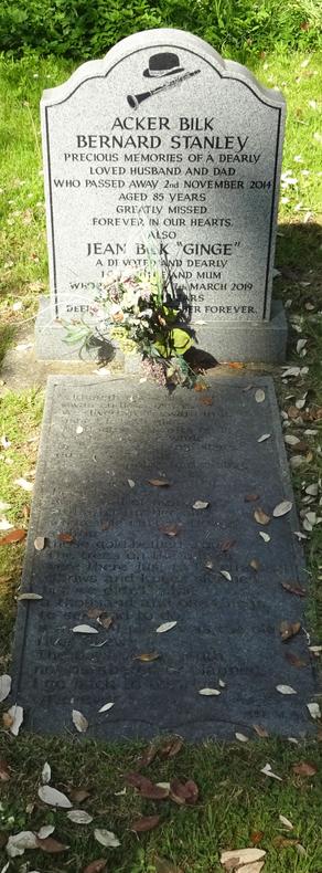Acker's gravestone, showing his birth name 'Bernard Stanley. Also his wife 'Ginge'.