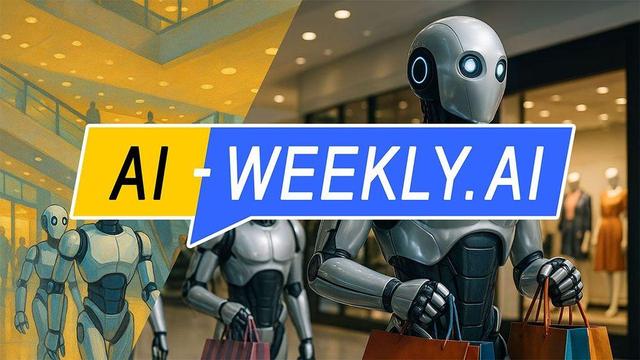 AI-Weekly for Tuesday, May 13, 2025 - Issue 164. This cover of the AI-Weekly newsletter depicts an image split diagonally, conceptually illustrating the transition of robots from science fiction to reality; the left side features a stylized, painted scene with simplified humanoid robots walking through a yellow-lit, multi-level mall reminiscent of a retro-futuristic vision, while the right side presents a realistic, high-definition depiction of similarly designed robots in a modern shopping mall, carrying colorful bags past store windows, symbolizing their imagined past becoming a tangible present.