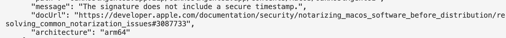 Screenshot from CLI output of the notary tool showing part of a ticket with validation errors