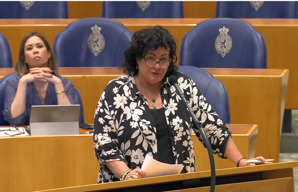 Van der Plas tijdens het vragenuurtje aan de interruptiemicrofoon in de Tweede Kamer
