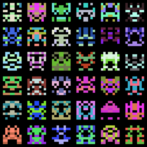 a 6x6 grid of multicolored 8x8 pixel aliens a la space invaders