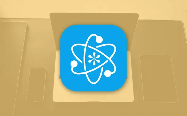KeePassium blue and white logo over a yellow-tinted background photo of Apple devices.