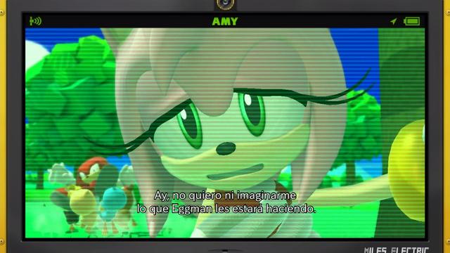 Captura de pantalla de Sonic Lost World en el que se ve a Amy (la erizo rosa) en primer plano hablando a través de una pantalla mientras dice "ay, no quiero  ni imaginarme lo que Eggman les estará haciendo". Al fondo a la izquierda se ve como varios animales se llevan a Knuckles (el equidna rojo) a volandas y este tiene expresión de pánico.