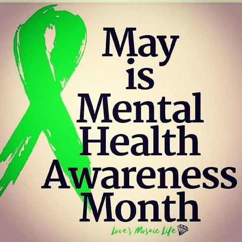 green ribbon on poster reading: May is Mental Health Awareness Month