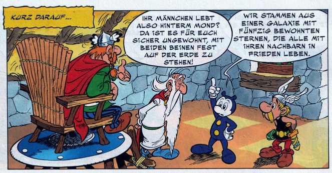 In der Hütte von Majestix sprechen Majestix auf seinem Thron, Miraculix und Asterix mit einem Außerirdischen.