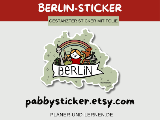 Der Sticker ist natürlich wieder handgezeichnet, weil ich dem ganzen KI-Wahn etwas entgegensetzen möchte. In der Silhouette der Stadt Berlin seht ihr den Fernsehturm, das Olympiastadion, das Brandenburger Tor, und der Berliner Bär ist auch mit von der Partie. Mittendrin steht meine Signatur-Figur PABBY und die Szenerie ist überspannt von einem Regenbogen – so bunt wie die Stadt selbst. Untendrunter steht auf einem weißen Banner BERLIN.