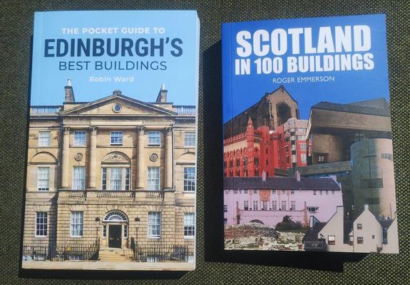 Copies of The Pocket Guide to Edinburgh's Best Buildings, and Scotland in 100 Buildings, in the Edinburgh Bookshop