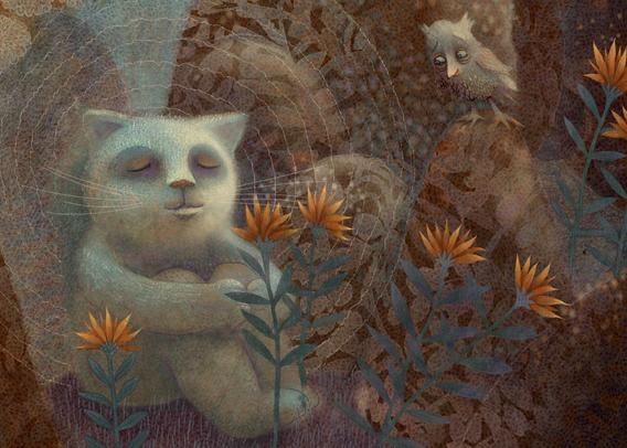 The Peaceful Garden
With eyes closed in peaceful meditation, a white cat considers the nature of life. Surrounded by a flowering tree and small hillocks of varying shades of deep umber, bright orange flowers spark in the quiet space like fire. A curious owl watches nearby and wishes that he would ask his companion about its enigmatic smile. NOTE: This description created especially for my lovely blind friend, Georgiana. :-)