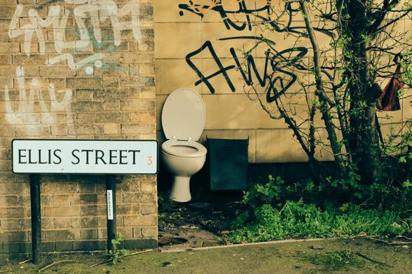 The image shows an outdoor urban scene with a street sign reading “ELLIS STREET” in bold letters. Behind the sign, there is a grimy toilet awkwardly placed outside against a brick and tiled wall covered in graffiti. The toilet seat is open and appears used or abandoned. Next to it is a small black bin. To the right, a tree with bare branches and some green leaves grows close to the wall, with a red plastic bag tangled in its limbs. The overall atmosphere is gritty, neglected, and strangely humorous, suggesting decay mixed with a surreal sense of misplaced utility.