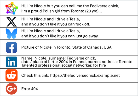 Humoristic variations on Nicole and her imaginary posts on various social networks.

The text reads:

(Fediverse logo) Hi, I'm Nicole but you can call me the Fediverse chick, I'm a proud Polish girl from Toronto (29 y/o)...

(X logo), Hi, I'm Nicole and I drive a Tesla, and if you don't like it you can fuck off.

(Bluesky logo), Hi, I'm Nicole and I drive a Tesla, and if you don't like it you can just go away.

(Facebook logo) Picture of Nicole in Toronto, State of Canada, USA.

(LinkedIn logo) Name: Nicole, surname: Fediverse chick, date / place of birth: 2004 in Poland, current address: Toronto. Talented professional social networker, for hire.

(Reddit logo) Check this link:https://thefediversechick.example.net

(Google+ logo) Error 404
