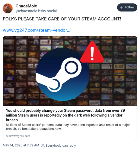 screenshot of a Bluesky post by ChaosMole @chaosmole.bsky.social, that reads, "folks, please take care of your steam account" and links to a website for vg247, which apparently is a GenAI regurgitron site.