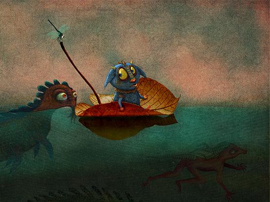 On a tiny orange leaf, sits a small monster as he floats across large, dark lake. A strange swimming creature approaches from behind, causing him to become slightly alarmed. Below the waterline, multiple fish and monsters move at different speeds through the murky depths.