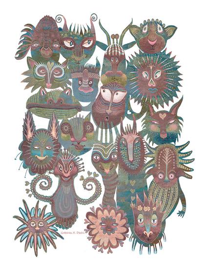Various semi-abstract faces of unique creatures, expressing varying emotions in a myriad of colors and textures against a white background.