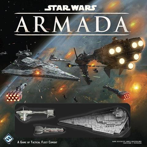 Game box cover for Star Wars Armada showing artwork of a space battle above a planet between Victory-class star destroyers and several smaller Rebel ships (Corellian corveets and a Nebulon-B frigate), with turbolaser fire everywhere. A plastic window int he box cover shows single models for each of the mentioned ships.