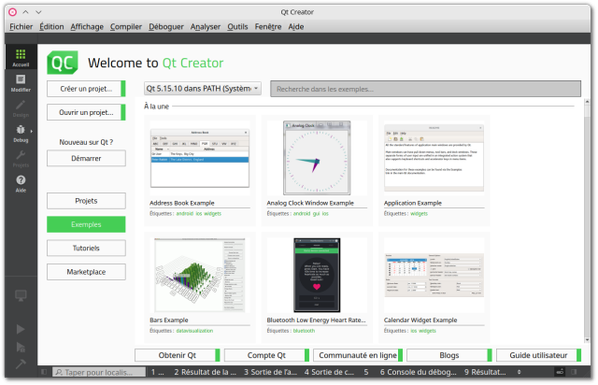 🕶️ A view of its UI (launched from my PC) with its menus on either side of the screen, and in the center, other menus (Create project, Open project, ...), with examples of applications that the user can examine at leisure.

📚️ Qt Creator is a libre, multi-platform IDE (Integrated Development Environment) for developing applications based on the Qt framework (a framework for designing multi-platform graphical user interfaces). It supports C++, QML and ECMAscript, and includes among other things an editor (with navigation tools, syntax highlighting, auto-completion, code checking, context-sensitive help, code folding and parenthesis mapping), a debugger (with breakpoints, call stack and variable display), and a GUI creation tool.