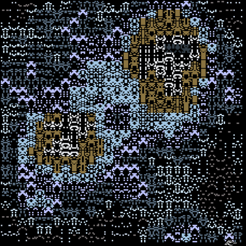 Black background covered in patterns of teeny squares in various shades of purple and blue plus tan. You see some regular repeating motifs, a little like Space Invader forms. Overall we get a somewhat cartoonish topography with two atolls arranged diagonally from top right to bottom left.