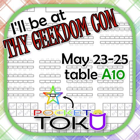 A map of the vendor hall at Thy Geekdom Con 2025 with a star-shaped highlight around table A10. An arrow points to it, connected to the Pocket Toku logo. The text reads: 
I'll be at THY GEEKDOM CON
May 23-25
table A10
