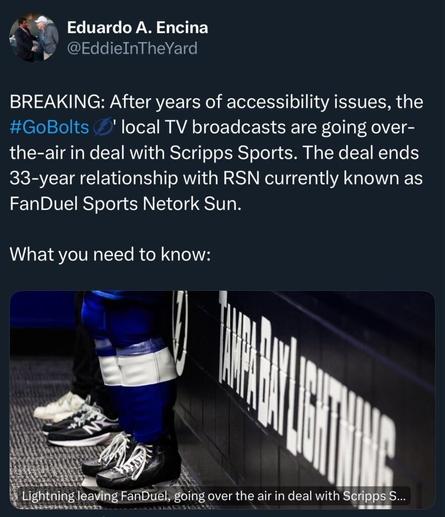 [Encina] BREAKING: After years of accessibility issues, the Bolts’ local TV broadcasts are going over-the-air in deal with Scripps Sports. The deal ends 33-year relationship with RSN currently known as FanDuel Sports Netork Sun.