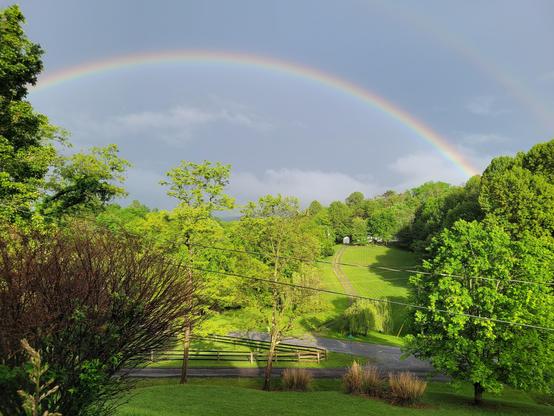 A view of a double rainbow over a lush green yard with trees