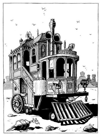 Une maison roulante aux allures victoriennes stationne dans le désert. Au premier plan on peut voir une étrange créature ressemblante à un tatou. Le dessin est inspiré de la Neverwas Haul, maison mobile de style Steampunk qui participe chaque année au festival Burning Man dans le désert de Black Rock au Nevada.

A Victorian-style mobile home sits in the desert. In the foreground, a strange, armadillo-like creature can be seen. The design is inspired by the Neverwas Haul, a steampunk-style mobile home that participates annually in the Burning Man festival in the Black Rock Desert, Nevada.