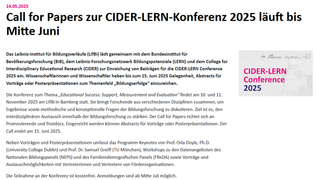 Ausschnitt der oben verlinkten Seite des LIfBi zur CIDER-LERN-Konferenz