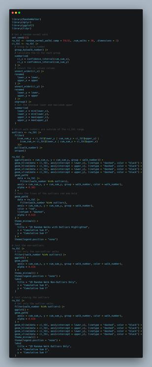 A screenshot of an R script for generating and visualizing 2D random walks. The code uses the RandomWalker, dplyr, and ggplot2 libraries to compute random walks, identify outliers, and plot results. Key sections include calculating confidence intervals, filtering outliers, and creating customized plots with distinct visual styling for outliers and non-outliers.
