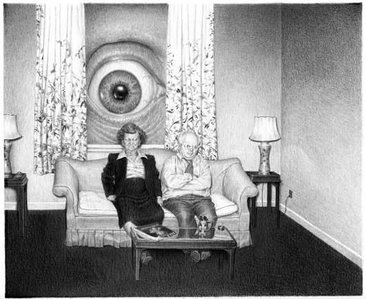 Greyscale pencil drawing, showing an elderly couple sitting on their sofa at home, while a huge eye is looking through a window behind them.