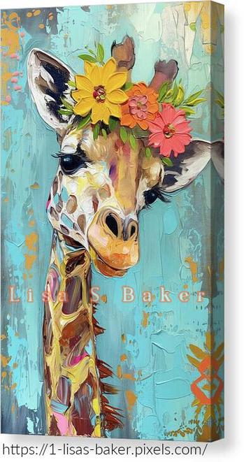 A art print displayed on a canvas of a giraffe with a flower crown. Art by Lisa S Baker.