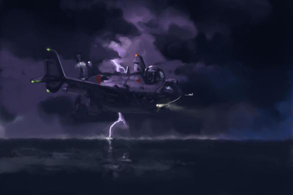 Digital painting of sci-fi pusher airplane flying above ocean during a thunderstorm