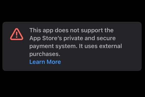 Screenshot of App Store warning: "This app does not support the App Store's private and secure payment system. It uses external purchases."