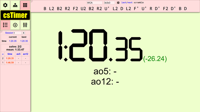 Screenshot of cstimer showing a time of solving the listed scramble in 1 minute 20 seconds.