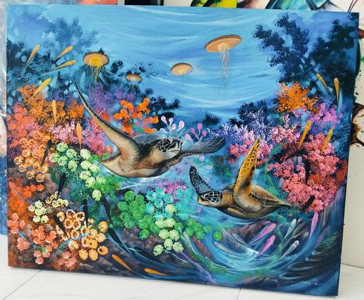 a  painting of two sea turtles swimming in a coral garden