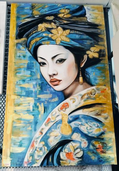 a painting of a woman in gold and blue and red patterned floral fabrics, her hair wrapped in blue and gold, looking towards the viewer, seen from her chest up from the side, behind her are gold and blue brush strokes in different tones
