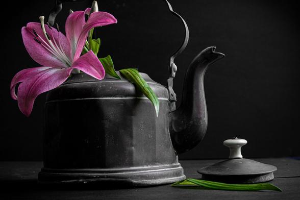 A black and white photo with only a pink lily and a two green leafs. On the left an old bronze kettle with a lid next to it with a black background. On the right the kettle has a long spout and on the left there is a pink lily facing left. A green leaf hangs over the edge. And next to the lid with a white knob there is also a green leaf.