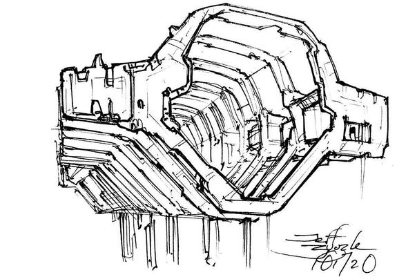 Black and white line art sketch of an imaginative sci fi spaceship. Each one is very different.