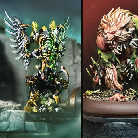 A detailed steampunk miniature of Mortenebra, the Iron Liche, stands prominently on the left, featuring intricate armor with green and gold accents, large metallic wings, and a skeletal visage. On the right, a fierce creature resembling a werewolf is depicted, with a muscular build, wild fur, and a menacing expression, adorned with foliage and sharp claws. Both figures are set against contrasting dark and moody backgrounds, highlighting their unique designs.