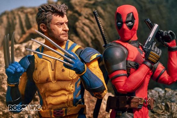 Deadpool and wolverine are back to back. Deadpool holds two guns and is looking at Wolverines claws, Wolverine is looking back in disgust. Mountains in background