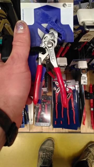 Knipex pliers wrench on the shelf in the big box store, my thumb next to it for scale: it is tiny. 125mm long to be exact.
