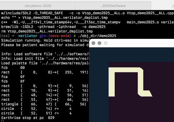 Stylised N in SDL window with terminal showing debugging info for vector shape drawing.