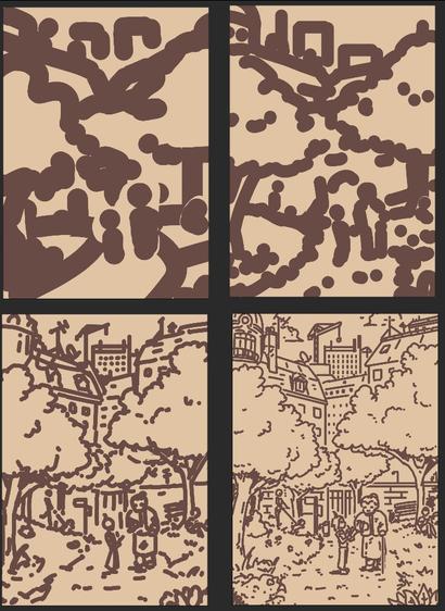Grid of 4 sketches of an illustration of a child surveying a grandma in a park. The sketch start very rough and with just a few blobs, and progressively gets refined