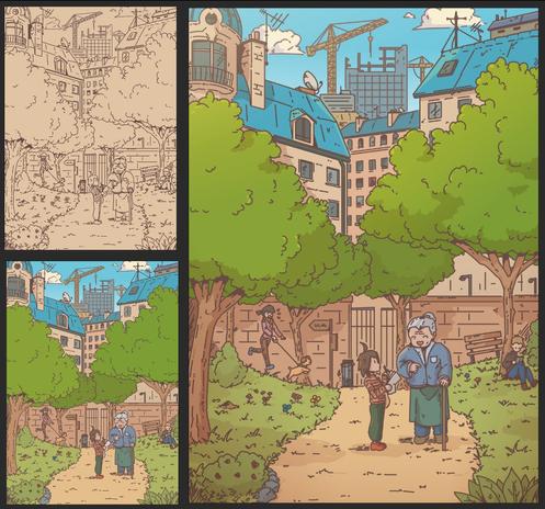 Followup to the sketch: 3 images show the ink, color, and shadow step before the illustration is finished.