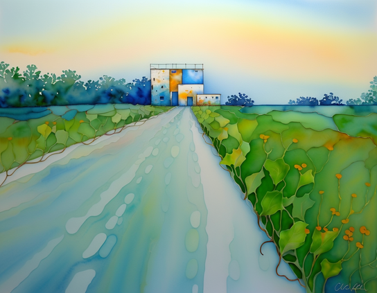 Early morning landscape of farm fields of a broad-leafed experimental crop with orange flowers. A central road leads to blocky utilitarian agricultural buildings and a line of trees at the horizon, under a dawn sky of pale orange, yellow, and blue. Watercolor style.