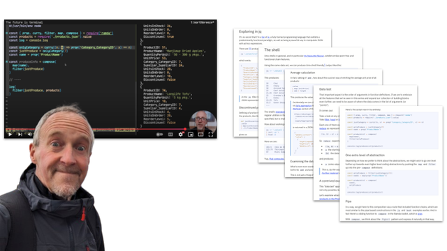 A screenshot from the live stream replay showing my screen where I'm in an editor with some JavaScript code on the left and there's some JSON output on the right, plus various "pages" of the blog post, and a selfie superimposed.