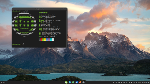 Captura de pantalla de un ordenador. Se ve el escritorio, con una bonita foto de unas montañas al fondo. En una ventana de terminal negra, se ve el logo de Linux Mint, un círculo verde con las iniciales L y M juntas. Se ven también las características del ordenador de Andrés.

En la parte baja de la pantalla se ve un panel con iconos de las aplicaciones que usa Andrés (Telegram, Nemo para los archivos, Thunderbird y Firefox).