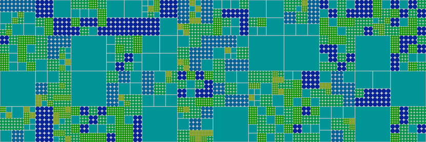 A large colourful grid with subgrids of circles and some squares.